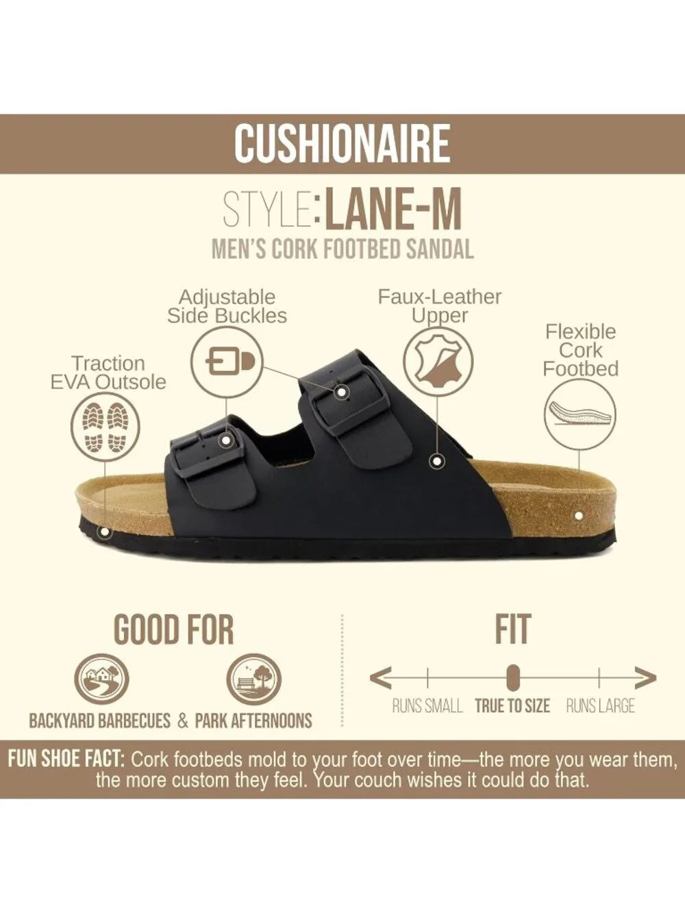 Men's Black Lane Cork Footbed Sandals Adjustable Buckle Comfort Slides